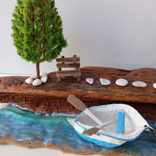 Handmade sea-themed driftwood diorama with Greek island house