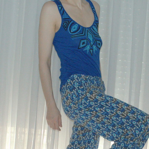 Blue sleeveless Promod top with geometric embroidery, size S
