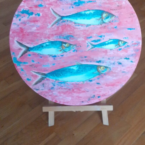Handmade painting on driftwood new, 38 cm diameter