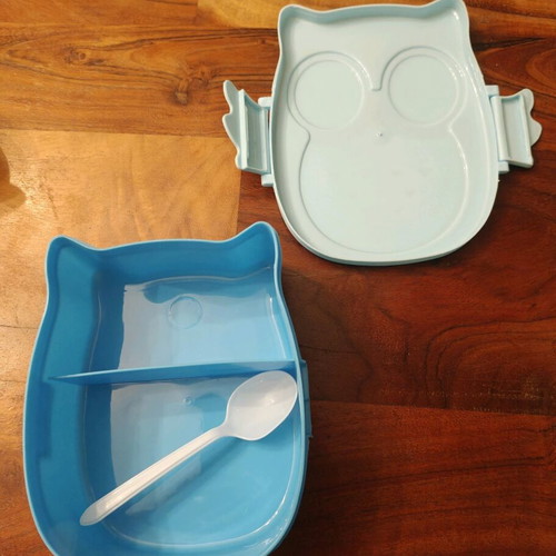 Food container with spoon like new, plastic with owl design