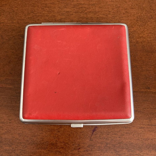 Vintage cigarette case used, red faux-leather and steel