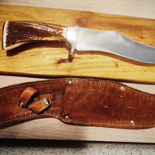 Massive hunting knife new from collection with elk horn handle and calf leather sheath