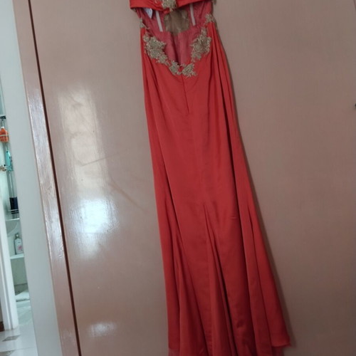 Saten prom dress used, coral with gold lace embroidery and cut-out