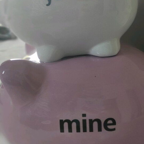 Yours & Mine piggy bank like new, white and pink colors