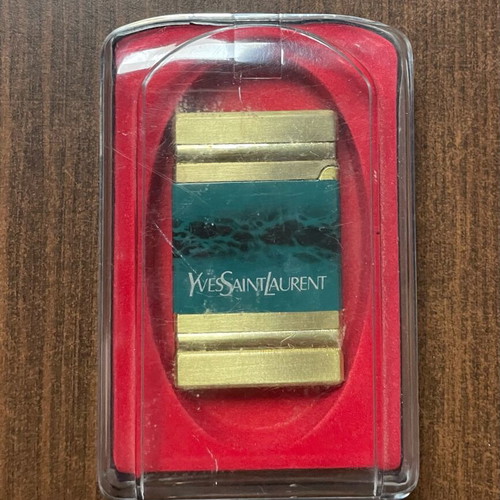 Yves Saint Laurent YSL vintage gold blue gas lighter with marbled finish and box used