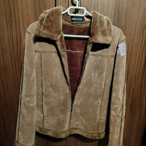 Suede jacket with fur XL like new, beige brown