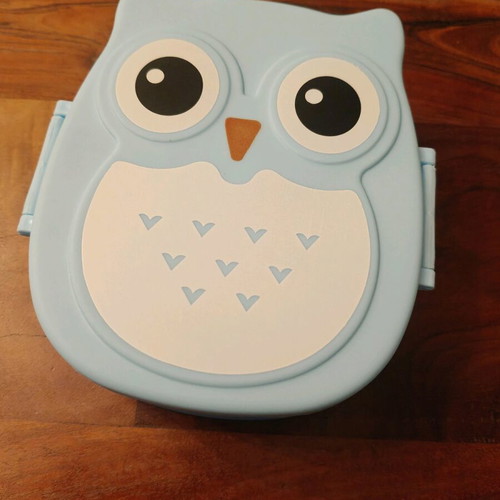 Food container with spoon like new, plastic with owl design