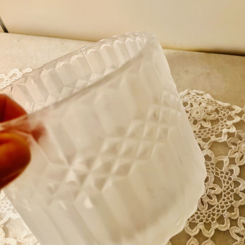 Frosted glass jar with diamond pattern and scalloped rim