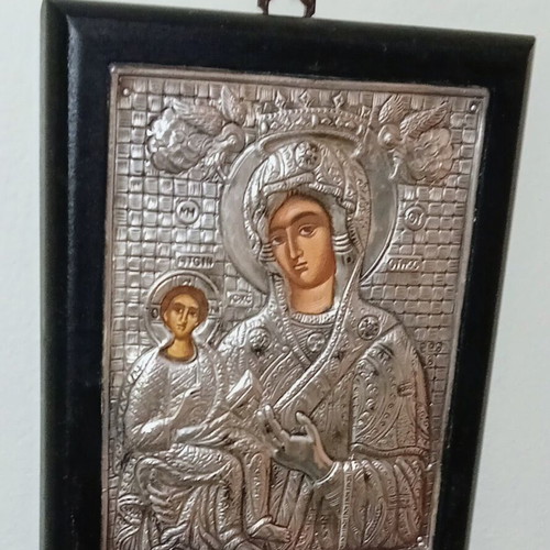 Byzantine icon with 999 silver plating, handmade in Greece, like new