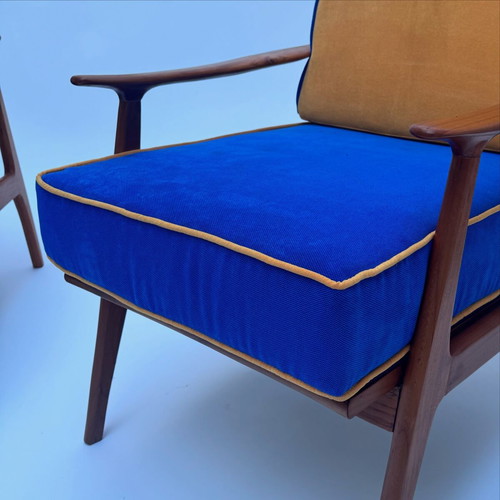 Mid century lounge chairs, pair of 2, refurbished finish