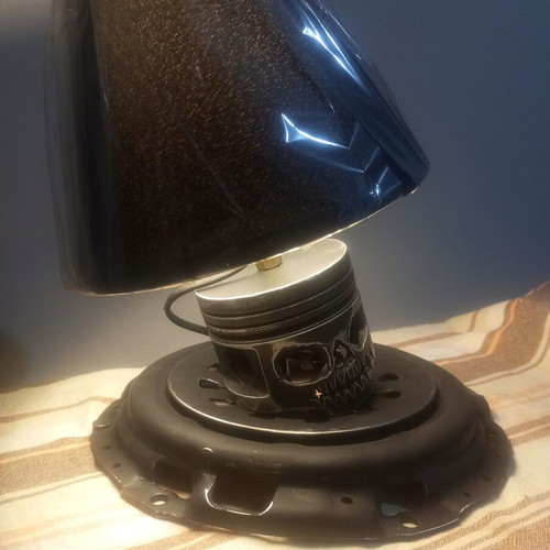 Handmade desk lamp with piston and clutch plate in deep black mat