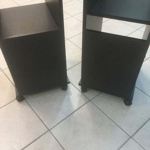 Rolling side tables like new, black melamine shelves, set of 2