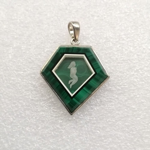 Malachite pendant with engraved quartz, silver 925, new