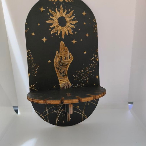 Wooden Handmade Wall Shelf with Mystical Sun and Moon Design like new