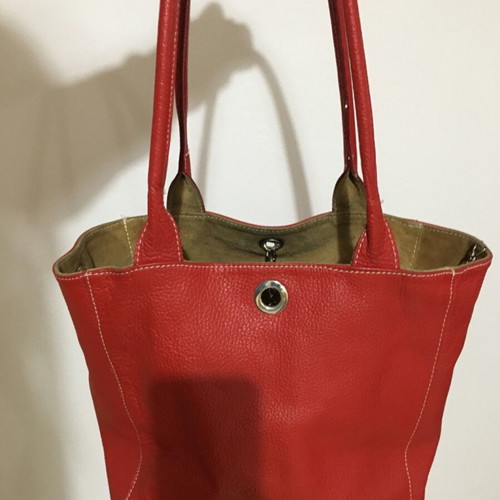 Red leather shoulder bag used with detachable wallet