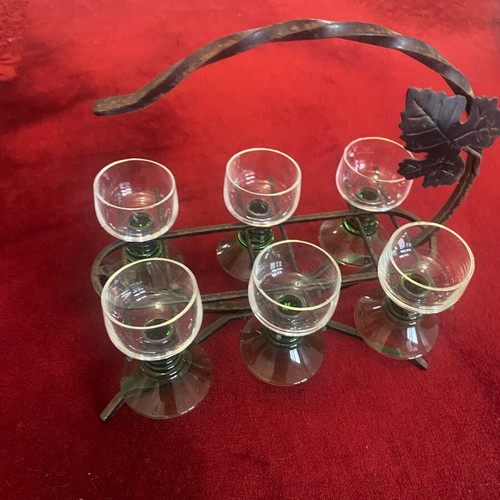 Vintage metal stand with six hanging liqueur glasses like new