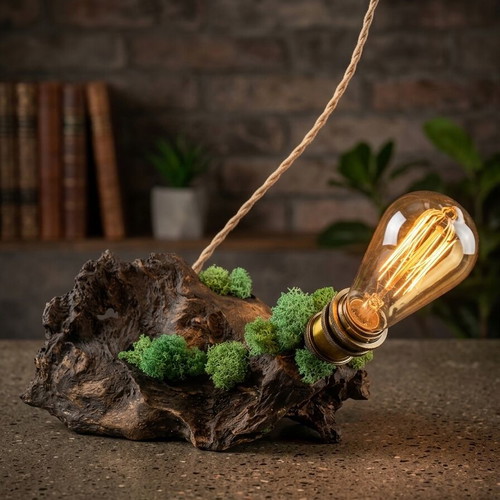 Table lamp unique handmade with oak root and Scandinavian moss