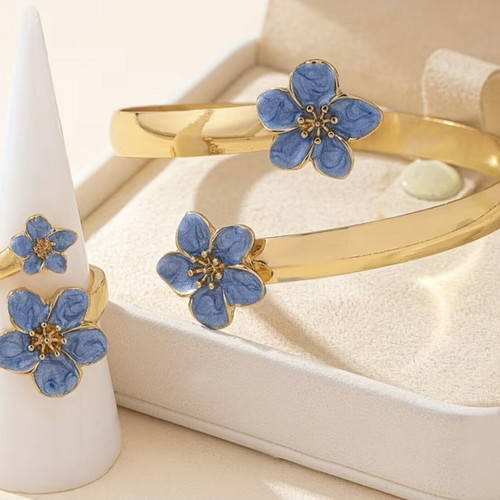 Jewelry set new, summer style with blue and gold flowers