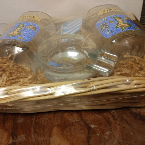 Syros souvenir set new with two shot glasses and ashtray