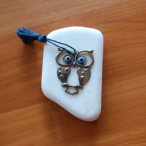 Owl on Pebble with Bead Eyes for Good Luck
