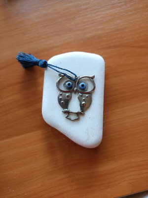 Owl on Pebble with Bead Eyes for Good Luck