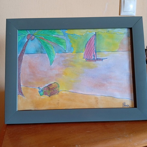 Original Watercolour Art Tropical Paradise with Frame