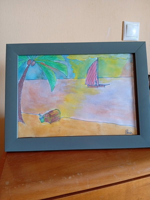 Original Watercolour Art Tropical Paradise with Frame