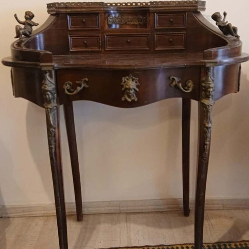 Secretaire in Neorococo Style Walnut Desk with Brass Carvings like New