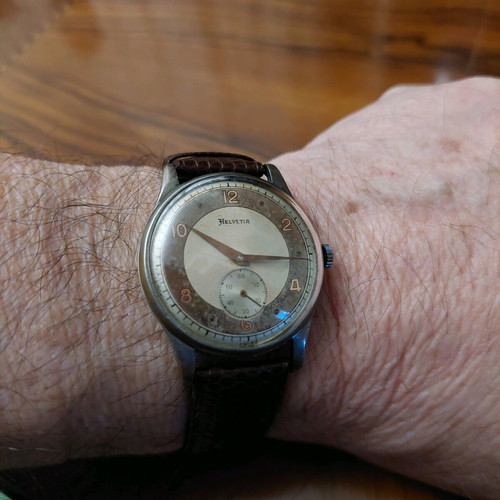Helvetia Swiss made men's watch used with two-tone dial and leather strap