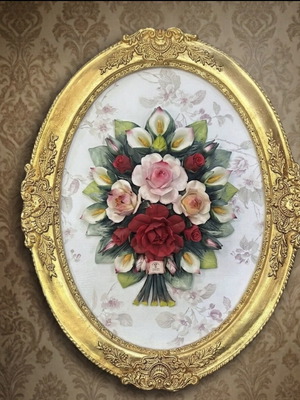 Κάδρο οβάλ Capodimonte μεγάλο, καινούργιο, φλοράλ πορσελάνινο μπουκέτο