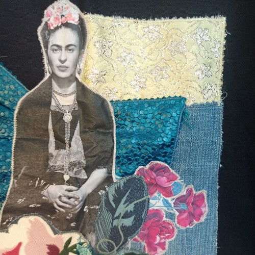 Handmade Frida Kahlo canvas shoulder bag new, black and multicolor