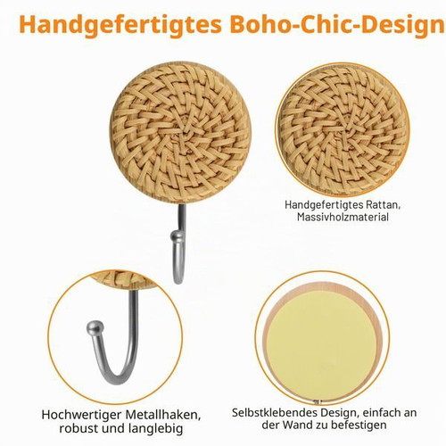 Morobor wooden self-adhesive hooks with rattan design, set of 5