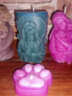 Scented candles with rose fragrance set of 4, Jesus, Virgin Mary, skull with snake, paw