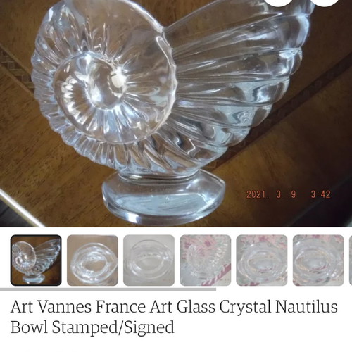 Art Nouveau Vannes le Chatel Nautilus Shell Crystal Candy Dish