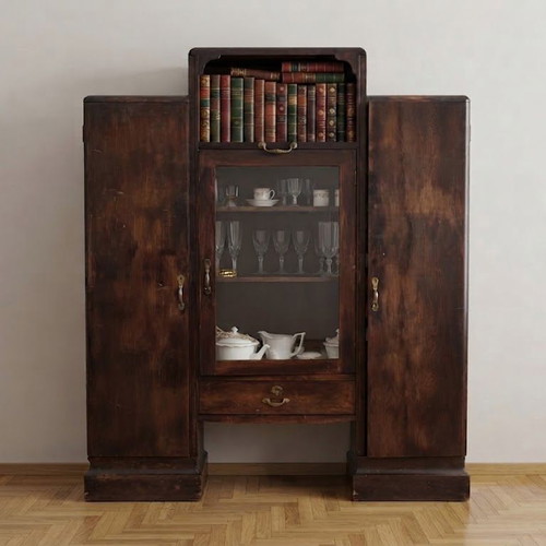 Office bookcase used, 1950s lawyer's archive cabinet with glass display