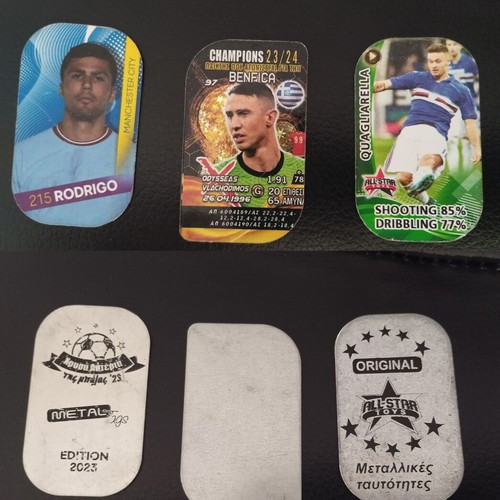 Metal Football Tags used, set of 3 with Rodrigo, Vlachodimos, Quagliarella