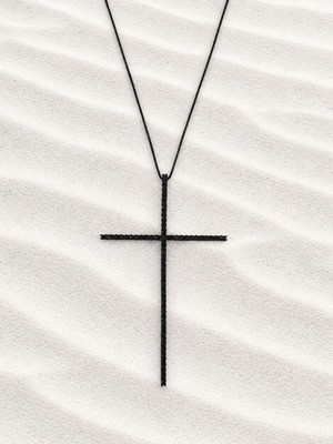 Cross necklace with black zircon stones, new, plated bronze