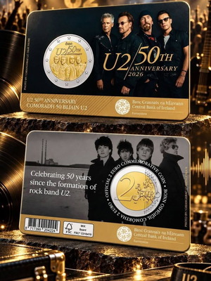 U2 αναμνηστικό νόμισμα 2 ευρώ σε κάρτα, Brilliant Uncirculated