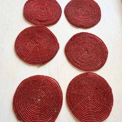 Set of 6 retro handmade coasters with red beads and wire