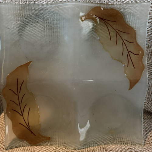 Fusing Glass square serving platter with autumn leaves