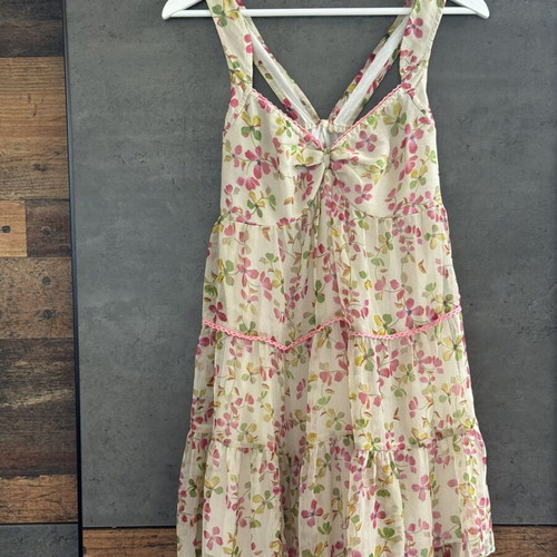 Romantic mini dress used, floral chiffon, pink green beige
