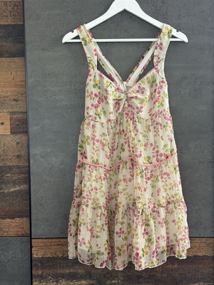 Romantic mini dress used, floral chiffon, pink green beige