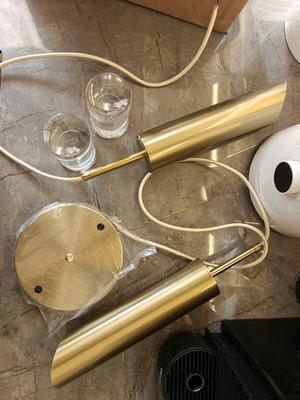 Modern ceiling pendant LED lights pair like new, gold with crystal