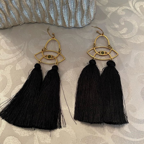 Dangling earrings with black tassels and gold details like new