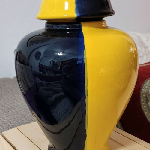 Ginger jar ceramic used, blue and yellow decor, 30 cm