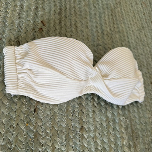 White Ribbed Bandeau Bikini Top used, strapless, adjustable back