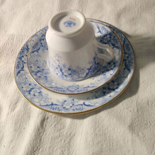 Antique English porcelain tea cup trio set with saucer and cake plate, blue
