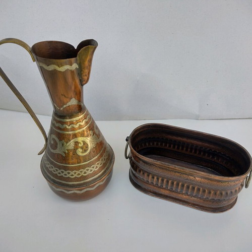 Copper Greek handmade carved jug and flower jardiniere used