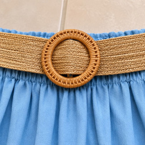 Women's light blue palazzo pants with elastic waist and straw belt new