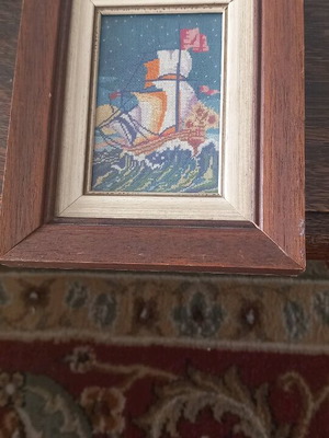 Handmade framed textile with ship in storm, small